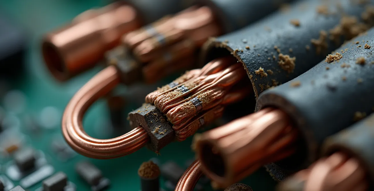 Vue macro détaillée de composants électriques montrant différents niveaux d'usure