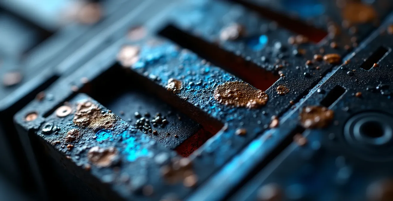 Gros plan macro sur des contacts électriques avec des traces de carbonisation et d'arc électrique