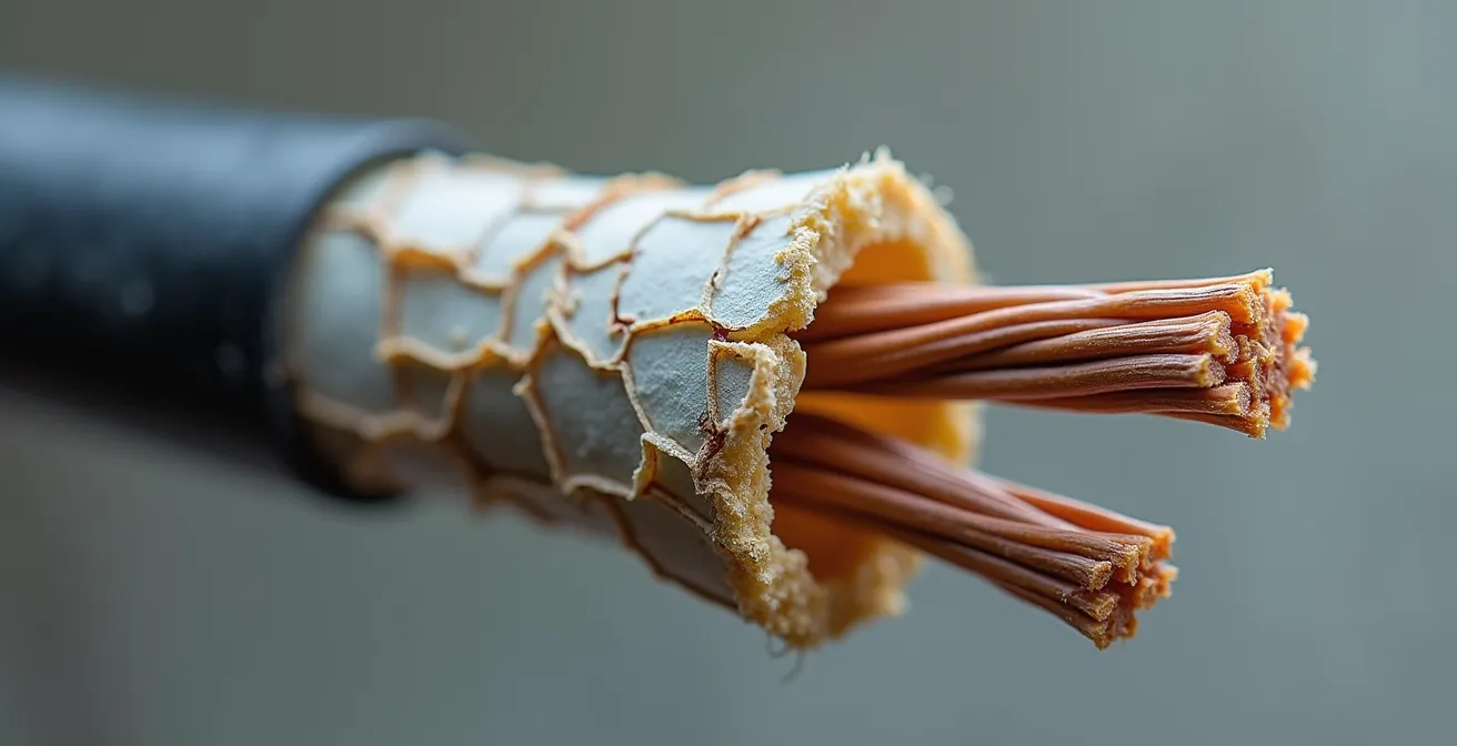 Gros plan macro sur l'isolant d'un câble électrique ancien montrant des craquelures