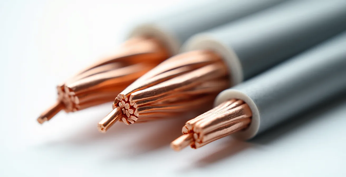 Comparaison macro de différentes sections de câbles électriques montrant l'isolation et les conducteurs