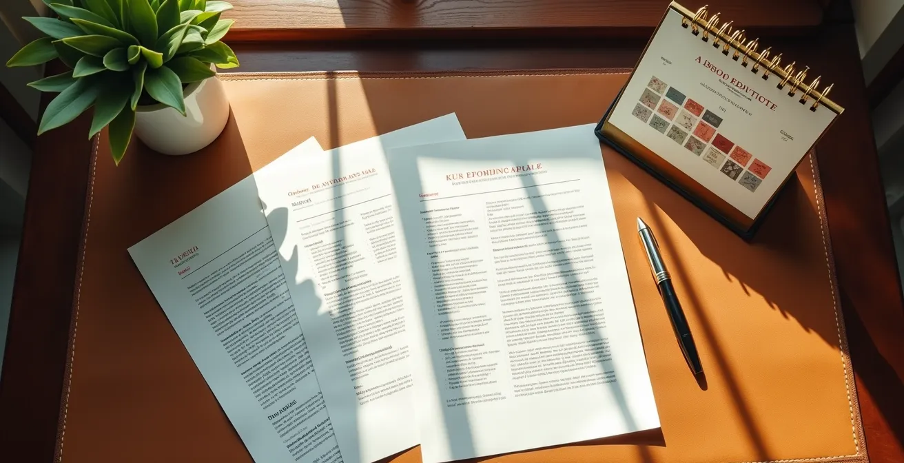 Vue aérienne d'un bureau avec calendrier et documents de vente immobilière