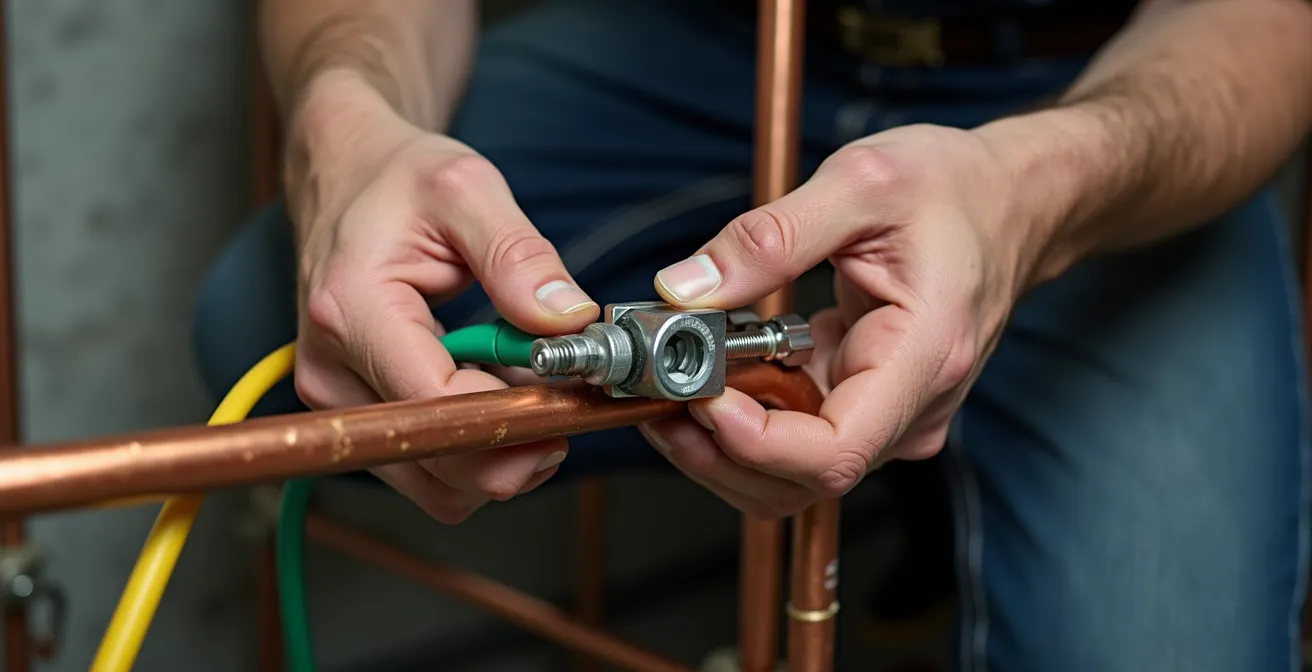 Vue détaillée d'un collier de mise à la terre installé sur une canalisation en cuivre avec câble vert-jaune