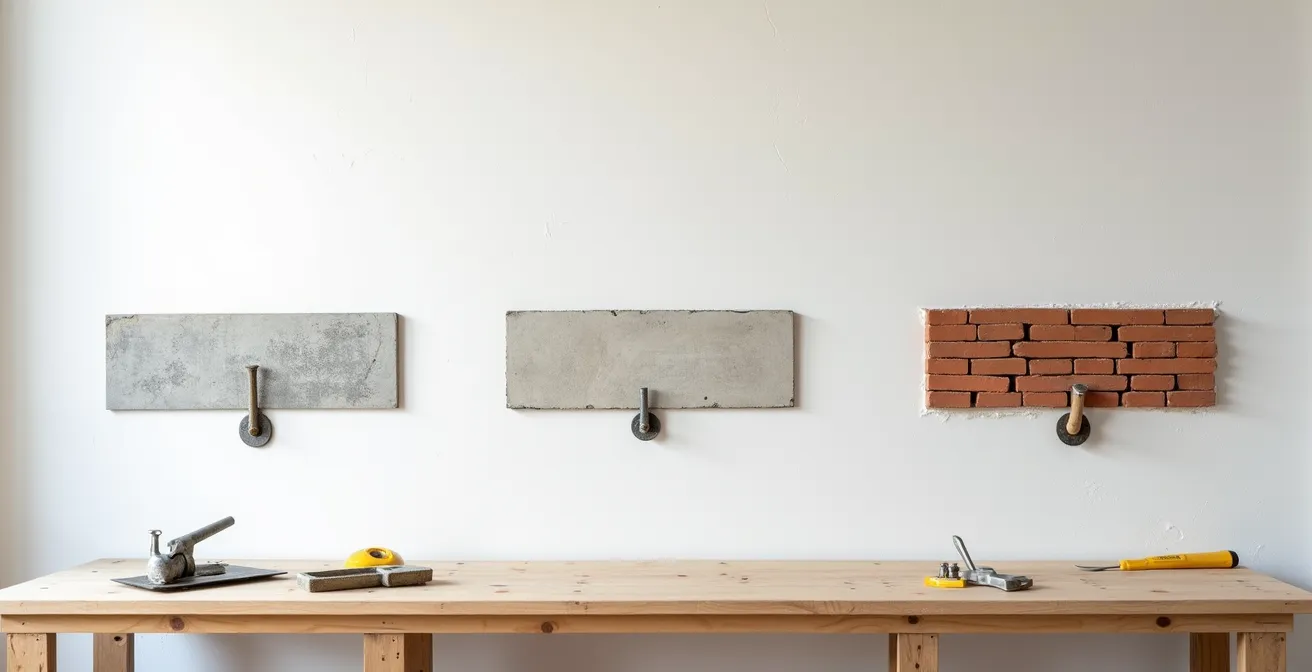 Vue en coupe de deux types de chevilles dans différents matériaux de mur