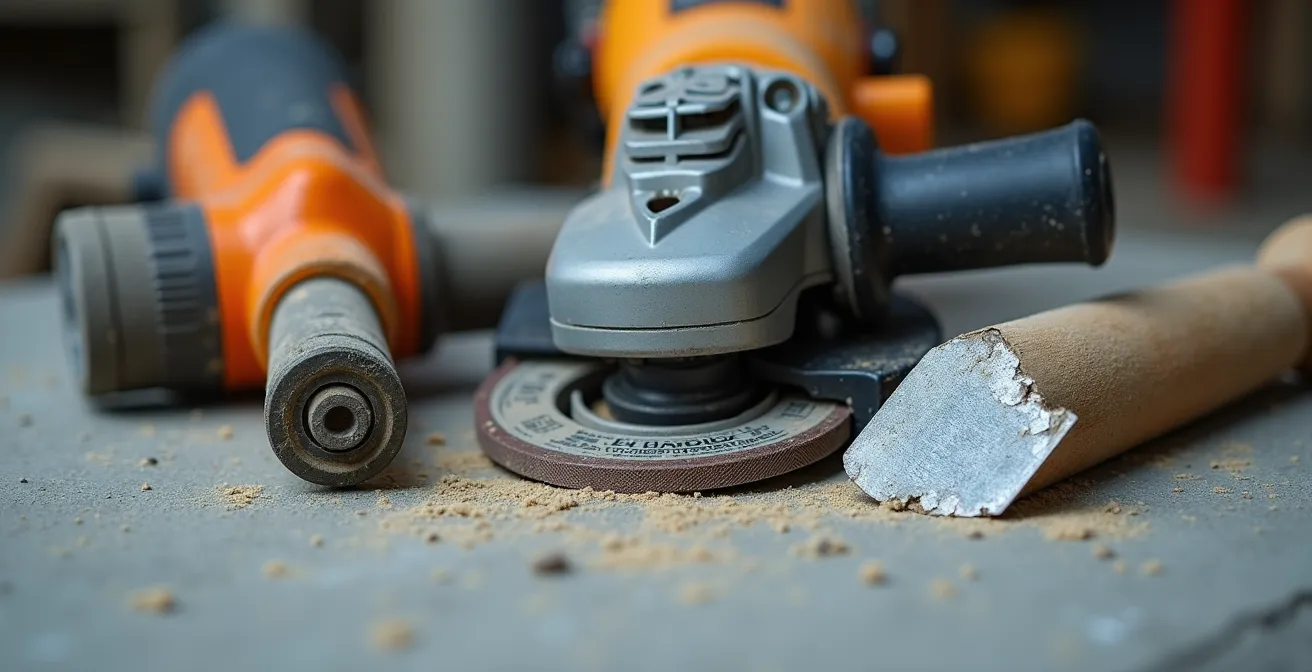 Vue détaillée d'une rainureuse professionnelle avec système d'aspiration comparée à une meuleuse et un burin