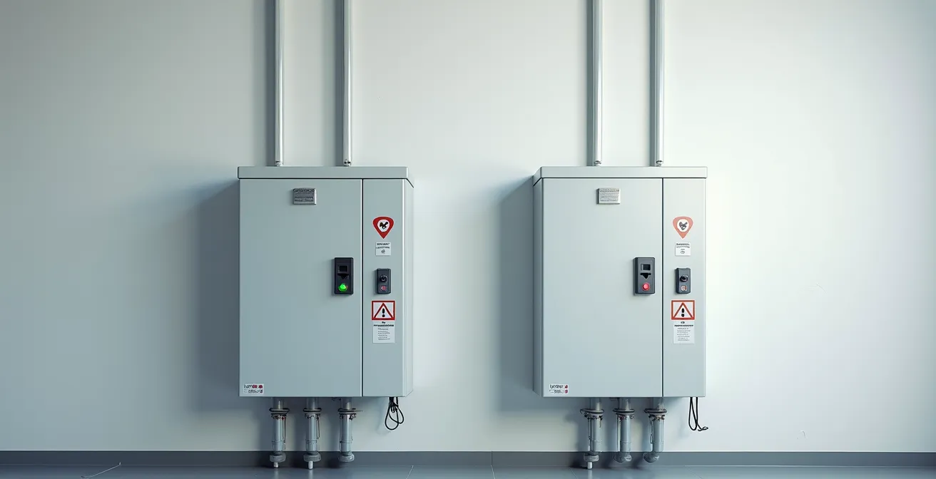 Vue large comparative de deux tableaux électriques côte à côte montrant les différences d'équipement