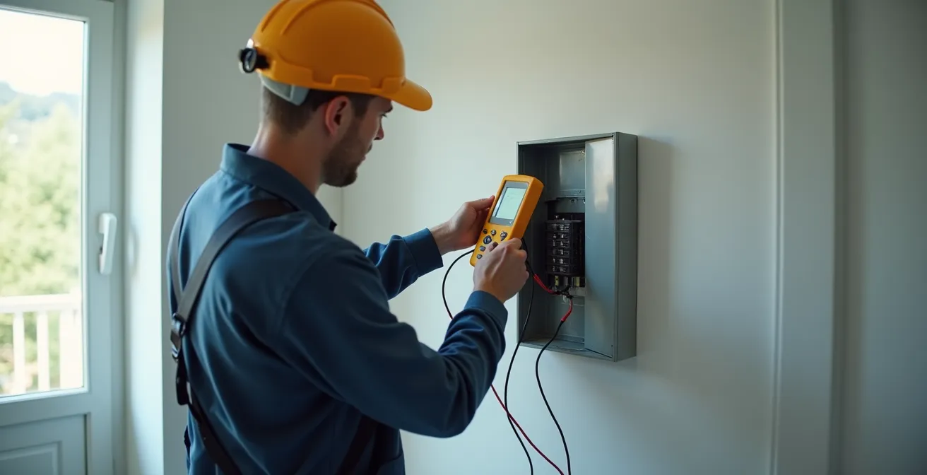 Électricien professionnel effectuant un diagnostic avec un multimètre