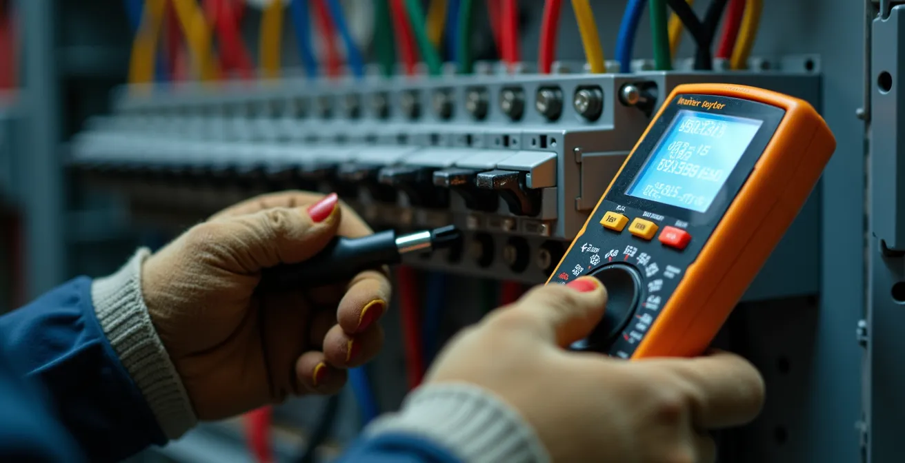 Électricien certifié inspectant un tableau électrique moderne avec outils professionnels