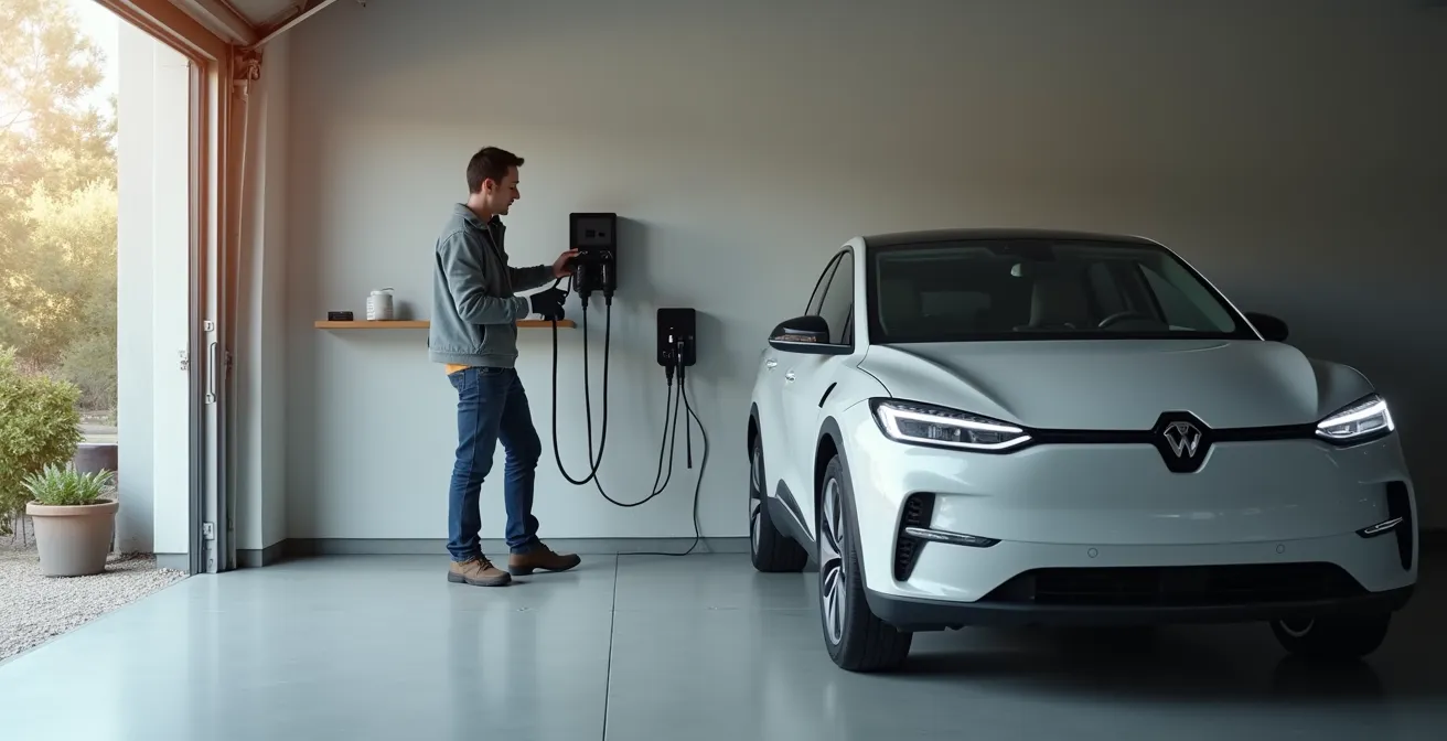 Installation d'une borne de recharge IRVE par un électricien qualifié dans un garage résidentiel français