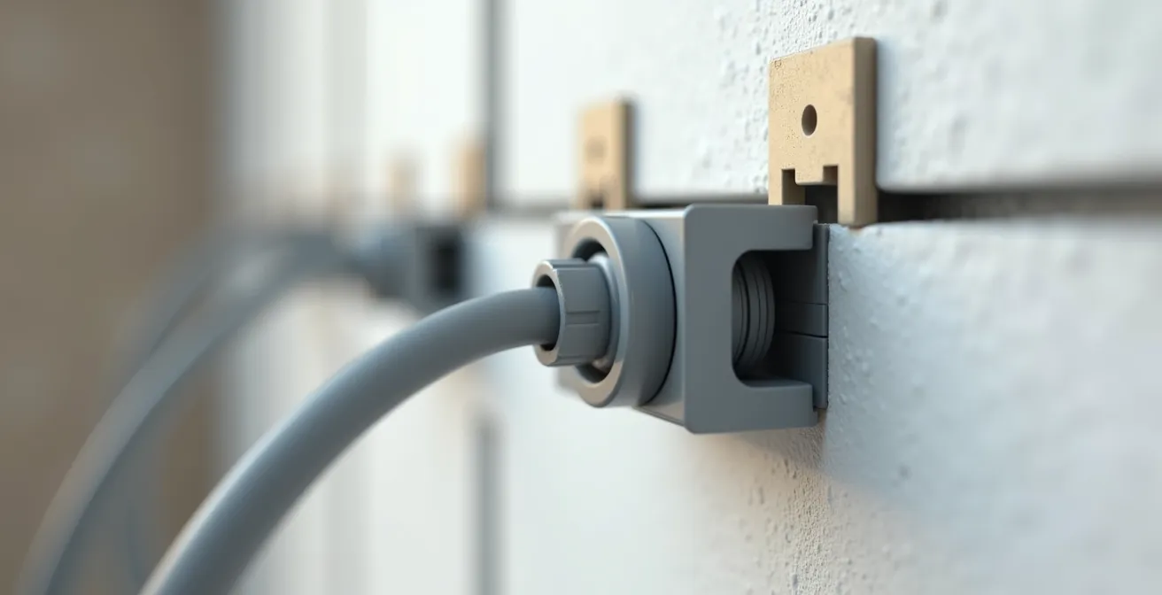 Détail de fixation professionnelle de gaines électriques sur placo avec colliers