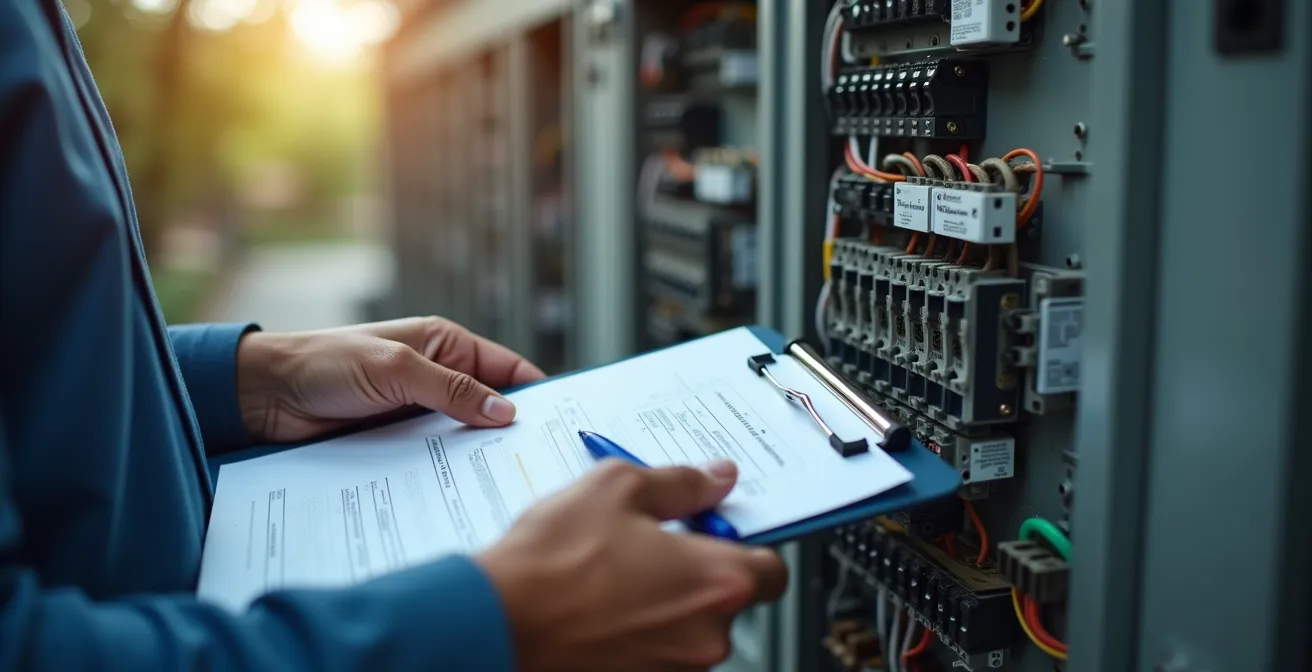 Gros plan sur des mains cochant une liste de vérification devant un tableau électrique