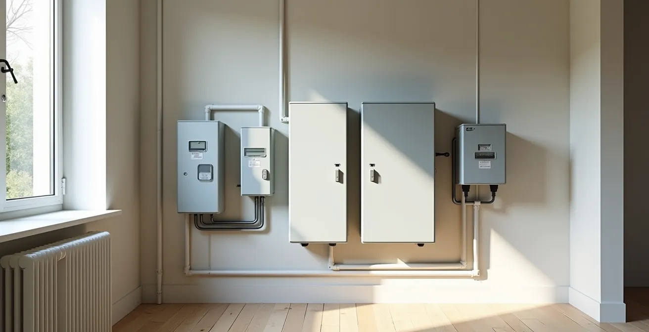 Vue large d'une installation électrique domestique montrant la hiérarchie entre compteur, disjoncteur d'abonné et tableau principal