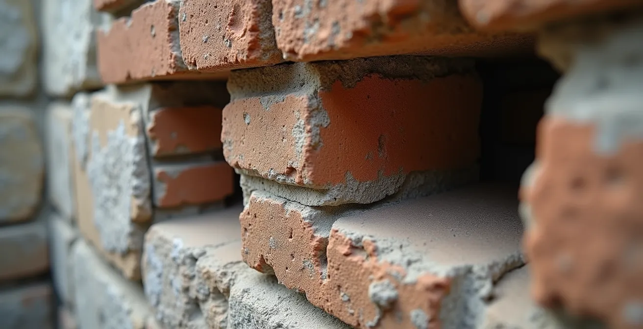 Coupe transversale d'un mur porteur ancien montrant sa structure interne en pierre et mortier