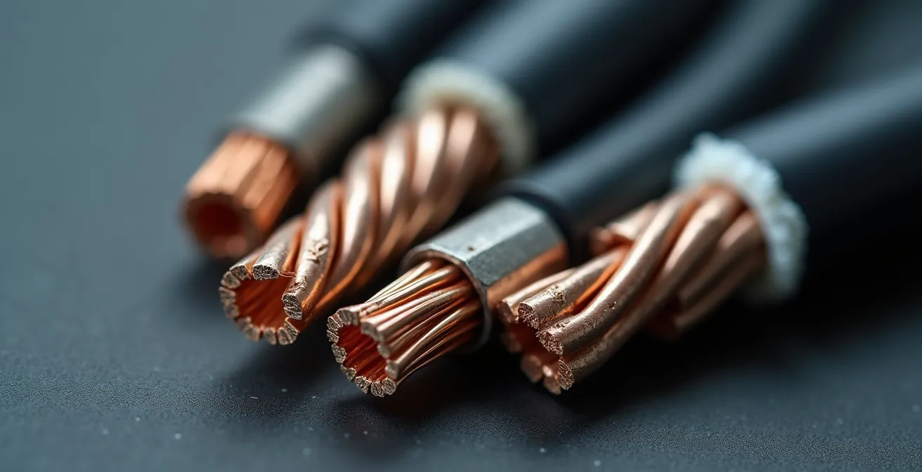 Vue macro de connexions électriques montrant différents types de câbles et leurs raccordements