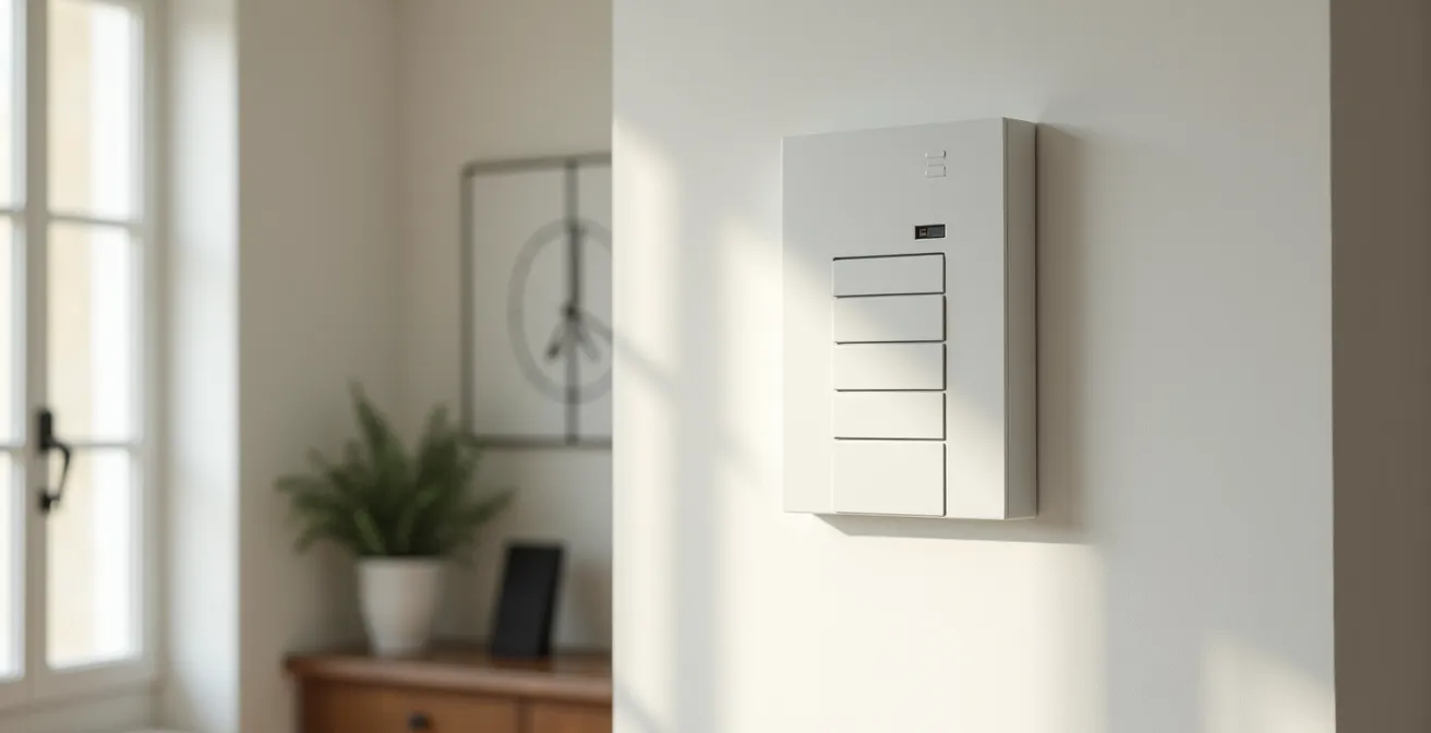 Vue large d'un tableau électrique moderne dans son contexte domestique français