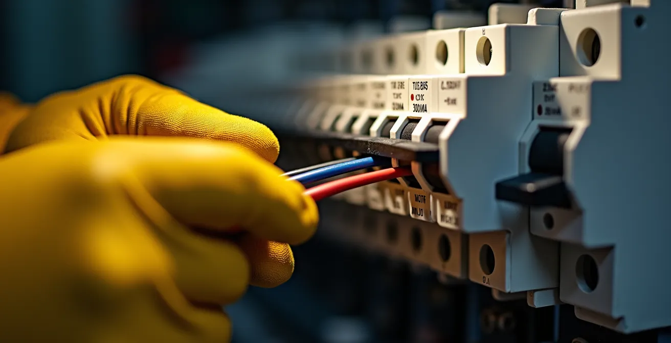 Gros plan sur des mains gantées installant un interrupteur différentiel dans un tableau électrique