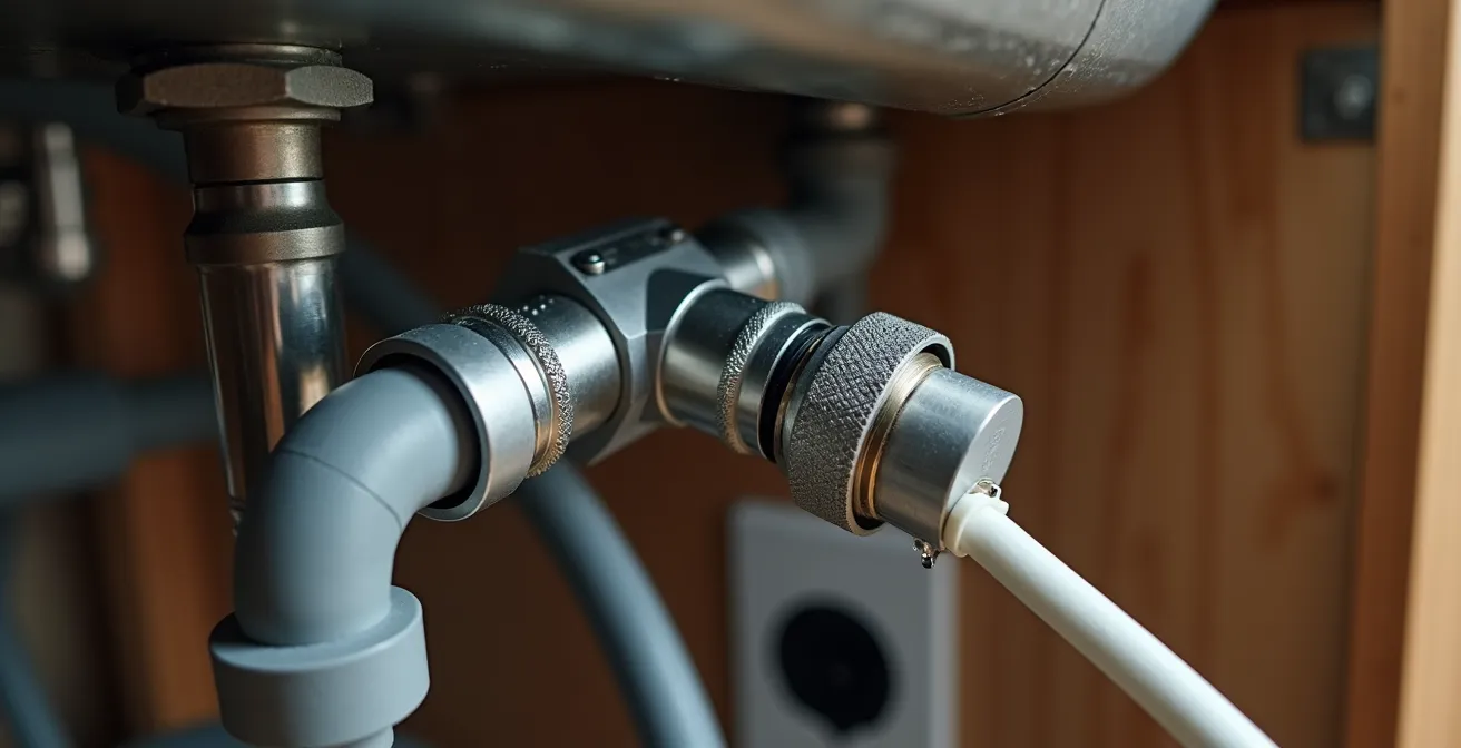 Gros plan sur les raccordements d'un lave-vaisselle sous un évier de cuisine