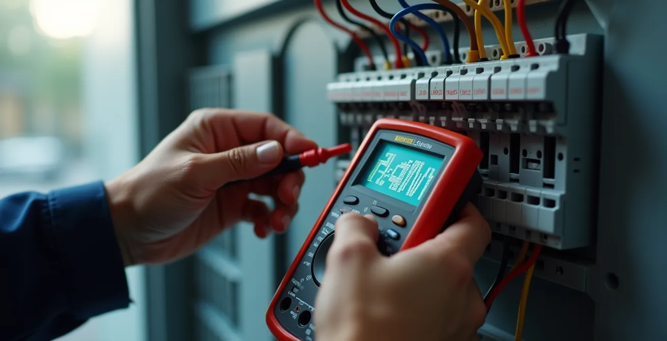 Électricien professionnel utilisant un multimètre pour diagnostiquer un tableau électrique moderne