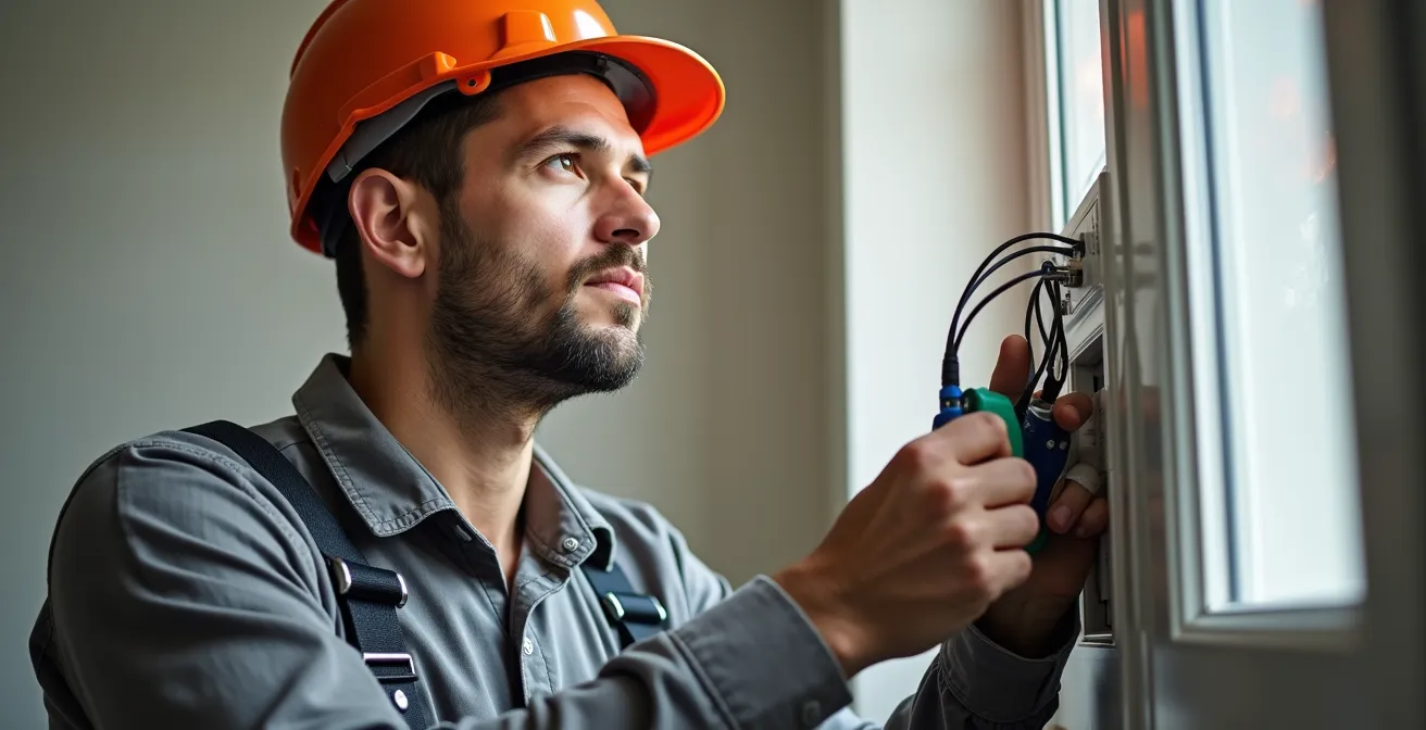 Électricien professionnel installant des goulottes décoratives dans un salon français