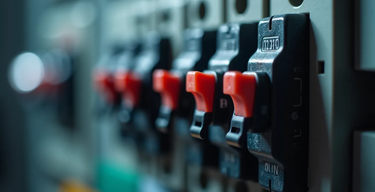 Vue détaillée des différentes positions d'un disjoncteur d'abonné français avec mise en évidence de la position intermédiaire