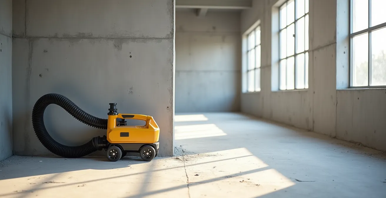 Rainureuse électrique avec système d'aspiration en action sur un mur en béton