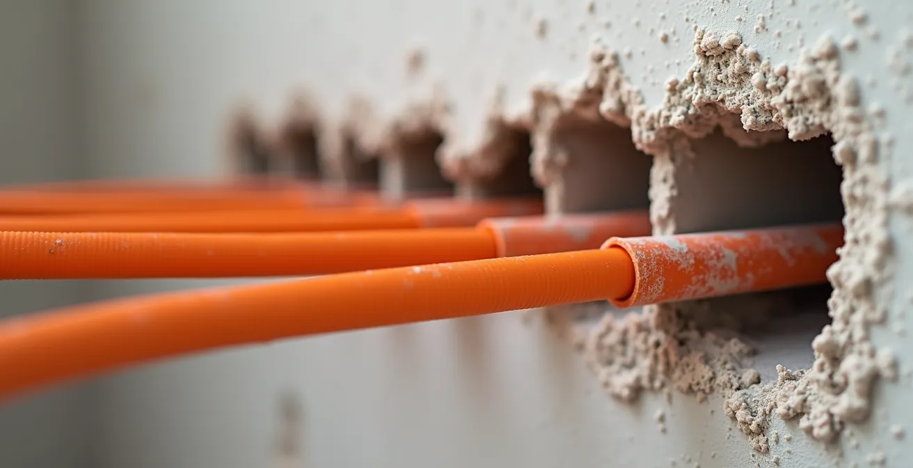 Vue détaillée de gaines électriques encastrées dans un mur de cuisine avant pose du carrelage