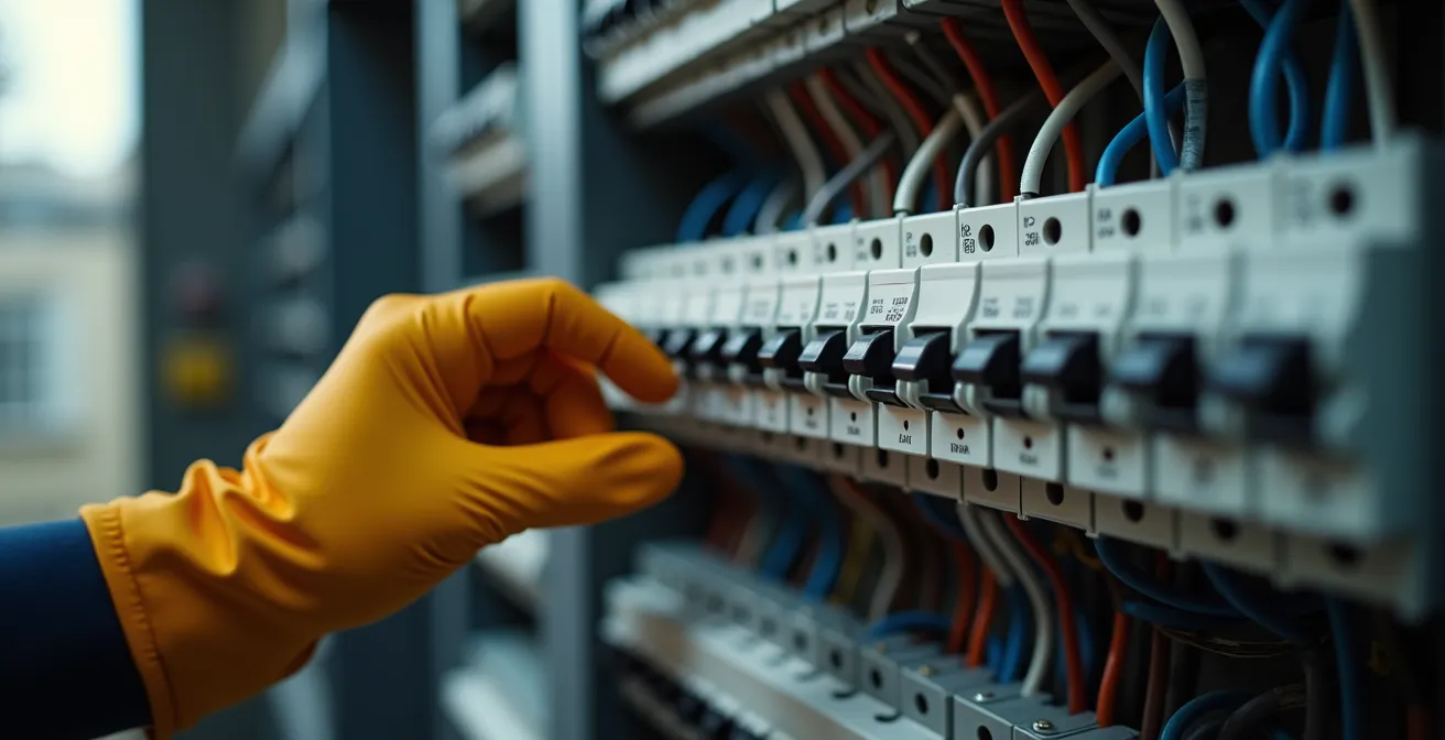 Vue rapprochée d'un tableau électrique moderne avec disjoncteurs et interrupteur différentiel