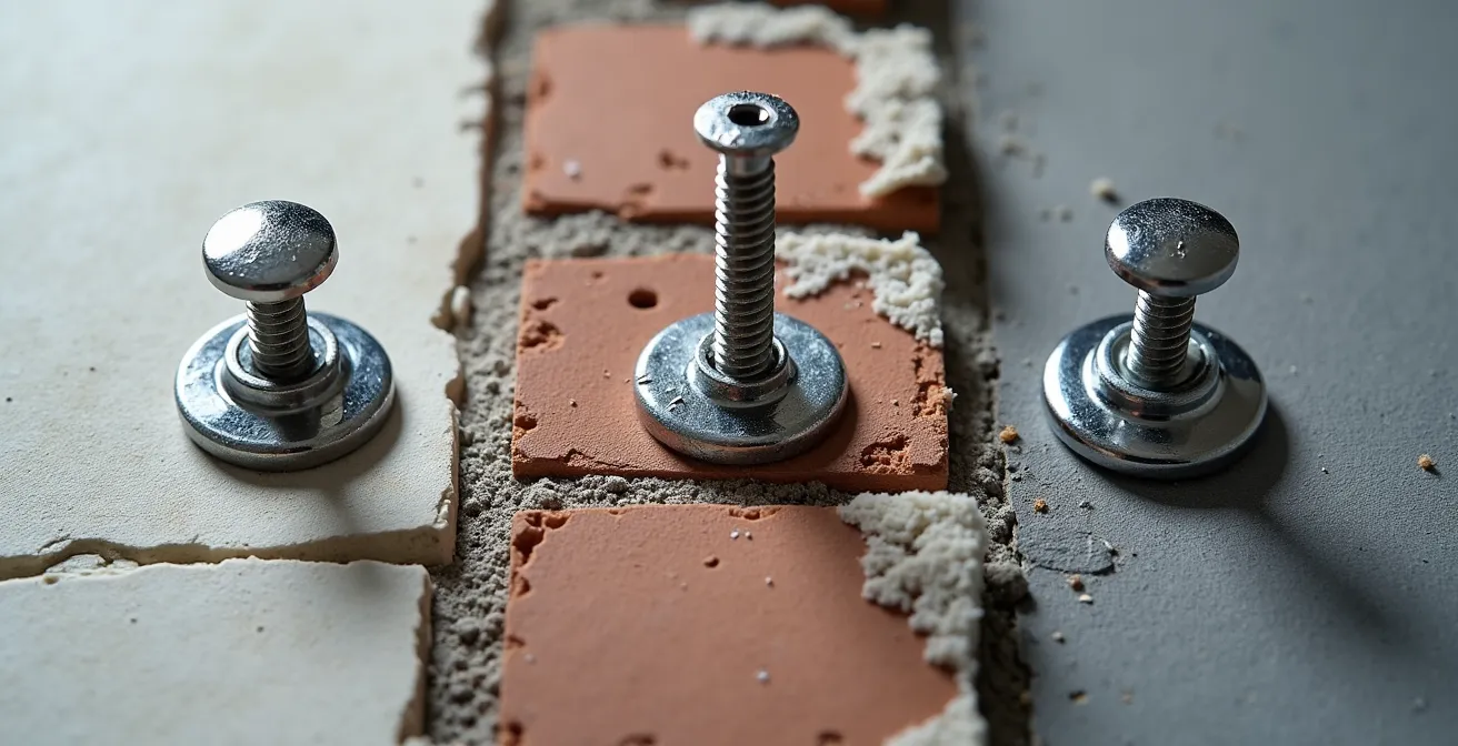 Vue macro détaillée montrant différents types de chevilles et systèmes de fixation pour boîtiers électriques