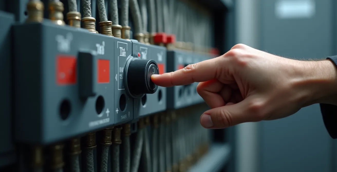 Main appuyant sur le bouton test d'un interrupteur différentiel dans un tableau électrique