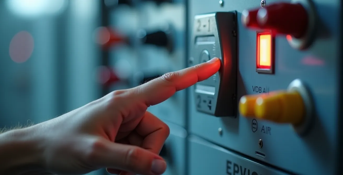 Doigt appuyant sur le bouton test d'un interrupteur différentiel dans un tableau électrique