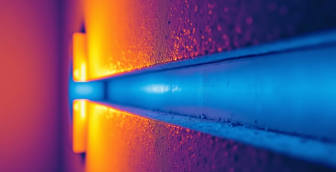 Image thermographique montrant les déperditions de chaleur le long d'une saignée horizontale dans un mur extérieur