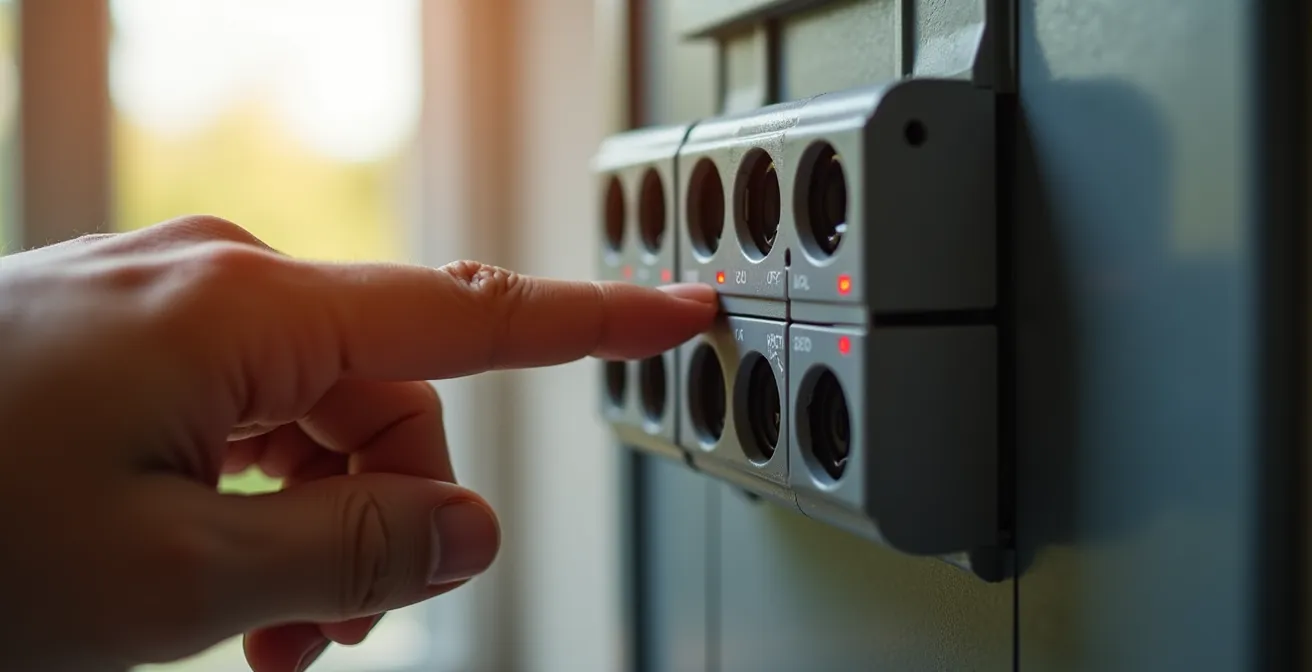 Main testant le bouton test d'un disjoncteur différentiel 30mA sur un tableau électrique