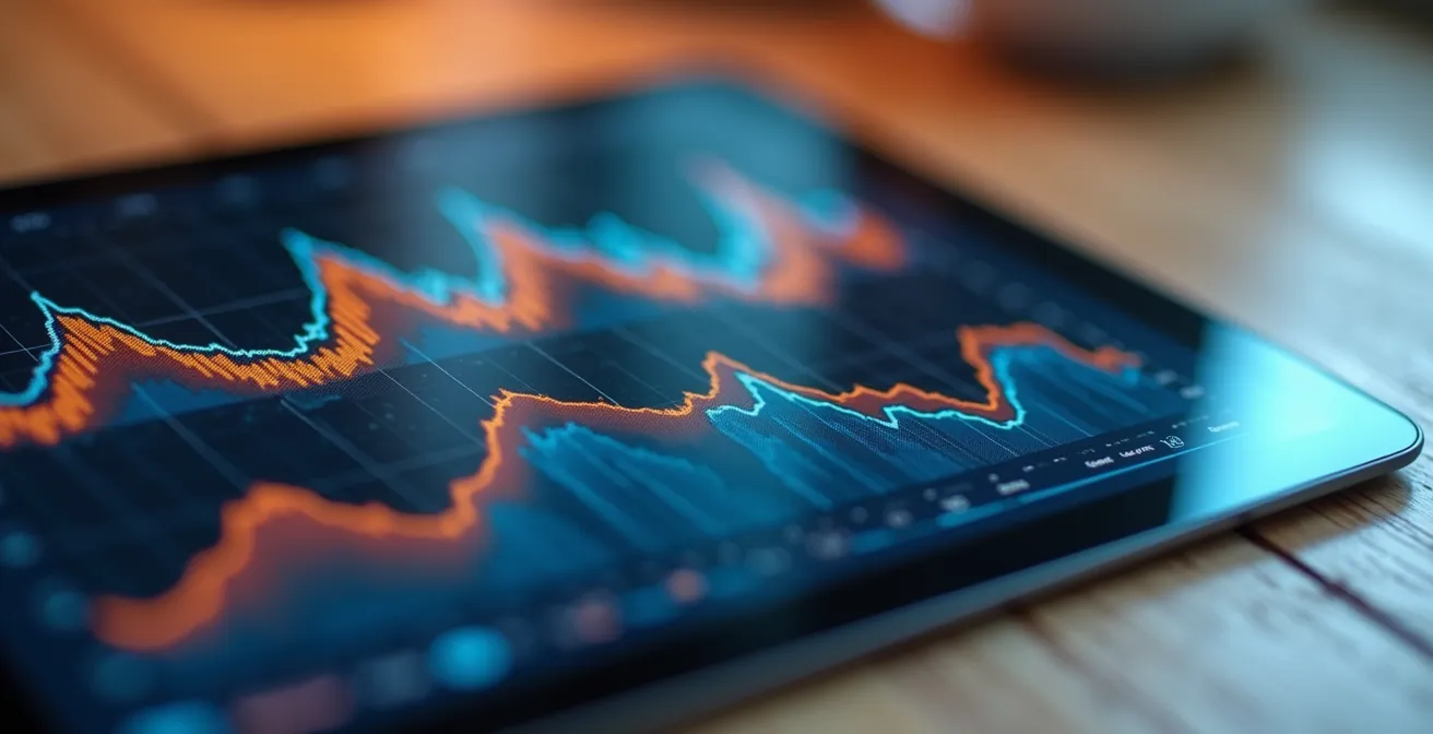 Analyse des données de consommation énergétique avec graphiques colorés sur tablette
