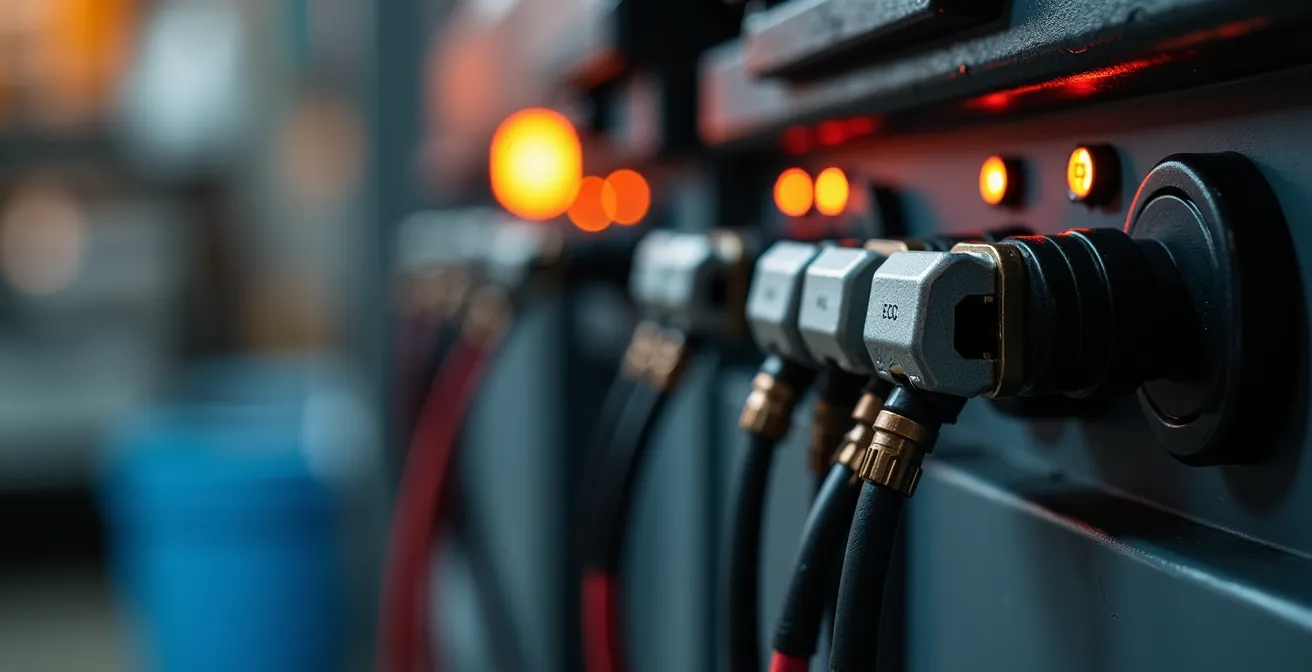 Installation de batterie domestique dans un garage moderne avec onduleur et système de gestion