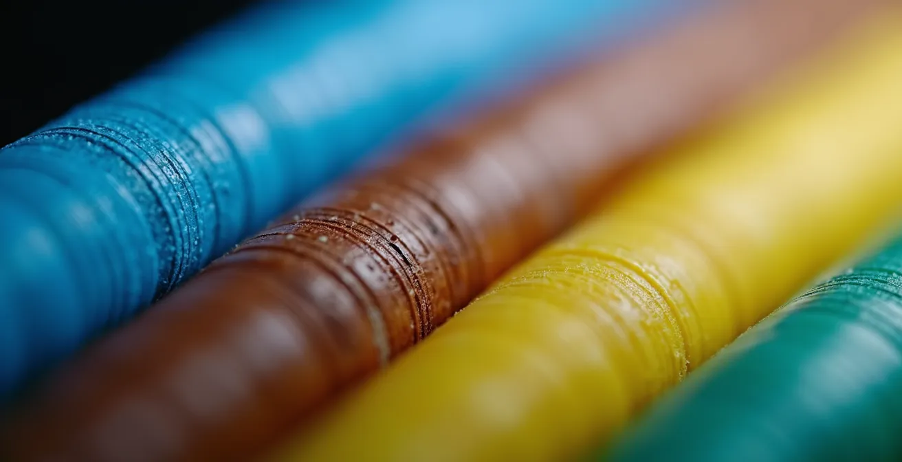 Gros plan sur des câbles électriques normalisés avec gaines de protection colorées