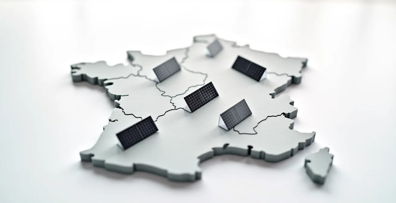 Carte de France avec gradient de couleurs montrant les zones de production photovoltaïque