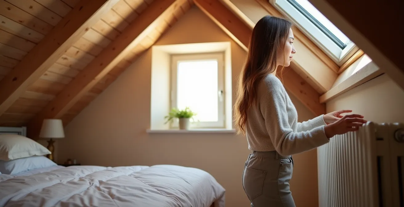 Chambre sous les combles avec radiateur électrique moderne et schéma de déperditions thermiques