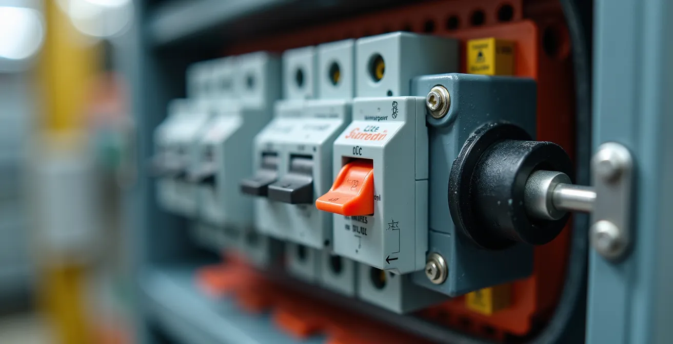 Coffret de protection DC ouvert montrant les dispositifs de sécurité pour installation photovoltaïque