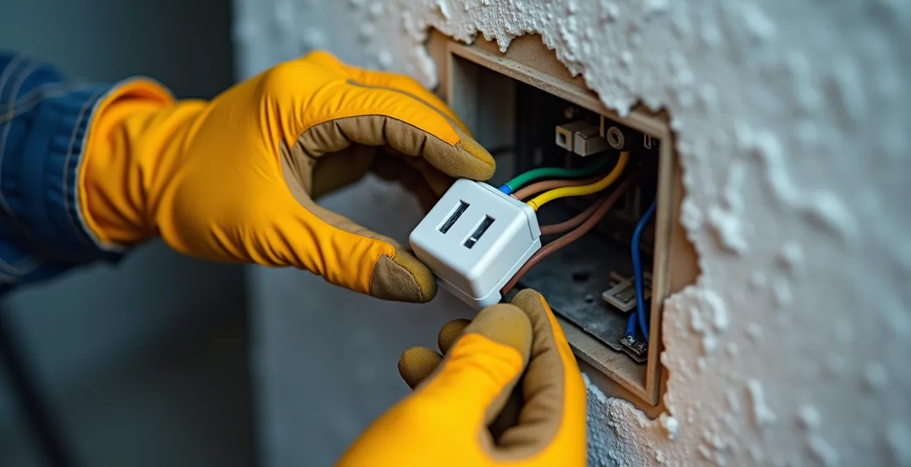 Gros plan sur installation d'un micromodule derrière un interrupteur mural français avec fils électriques visibles selon le code couleur national