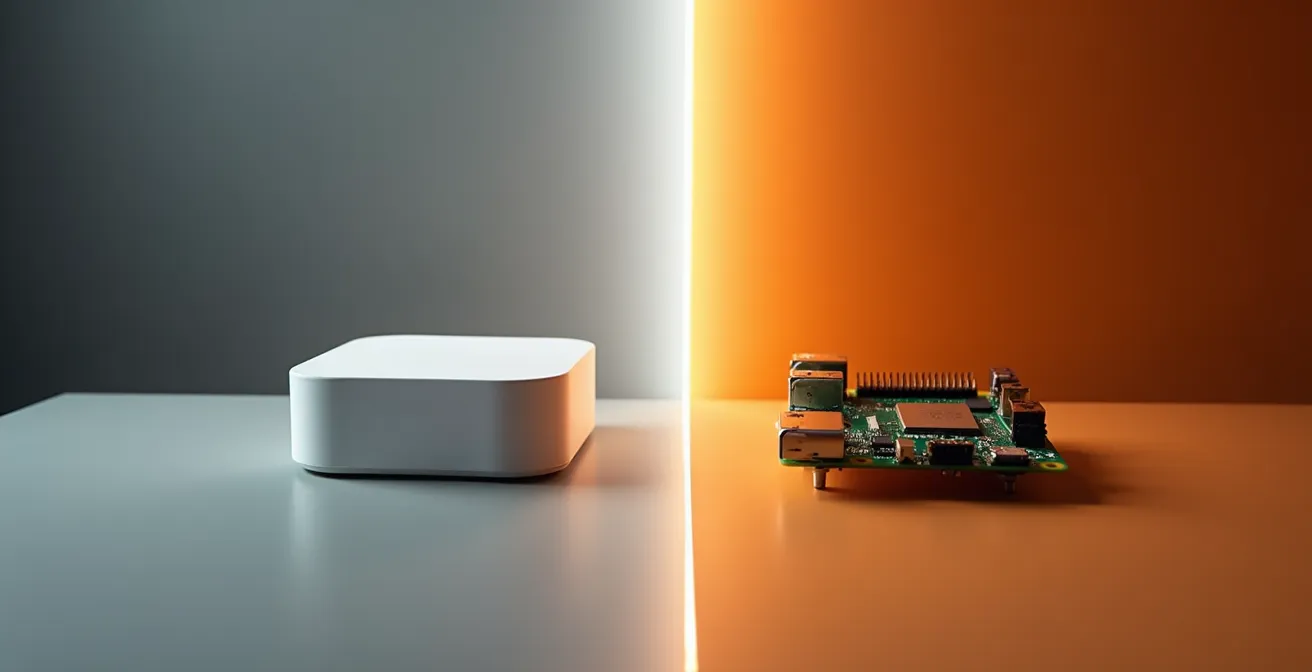Comparaison visuelle entre une box domotique propriétaire et un système open-source sur Raspberry Pi