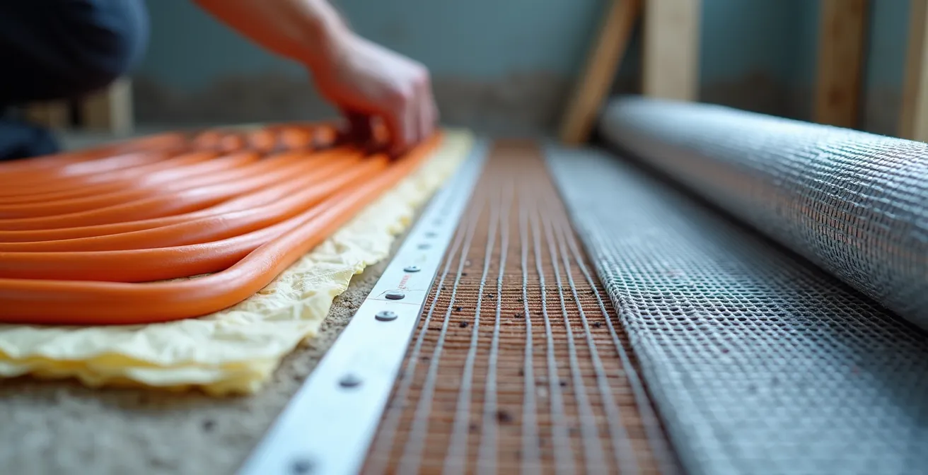 Comparaison entre l'installation d'un câble chauffant libre et d'une trame précâblée dans une salle de bain
