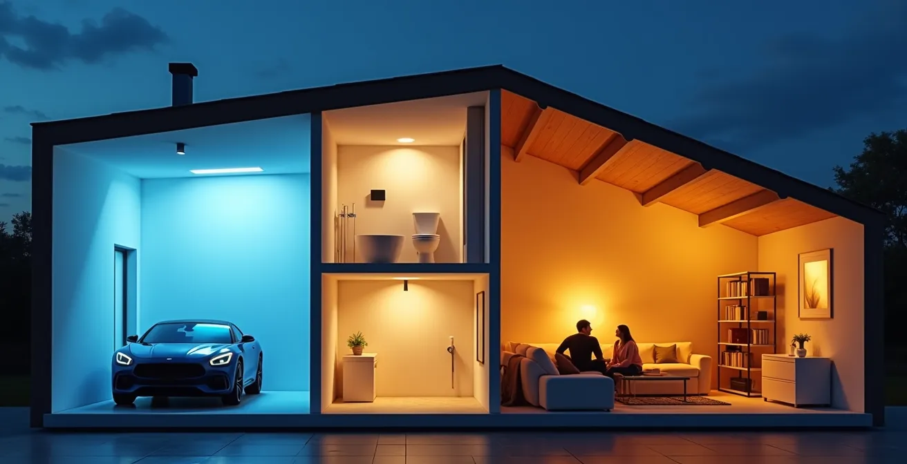 Vue en coupe d'une maison montrant l'emplacement optimal des détecteurs dans garage et WC, et l'absence de détecteur dans le salon.