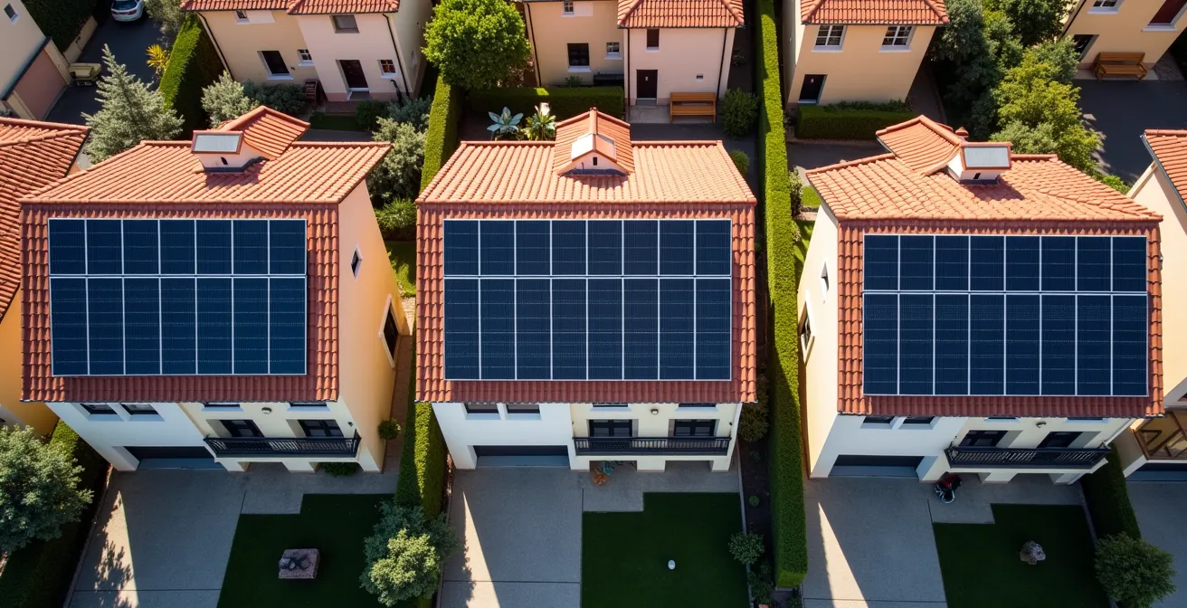 Vue aérienne comparative de trois installations solaires de différentes puissances sur toitures françaises
