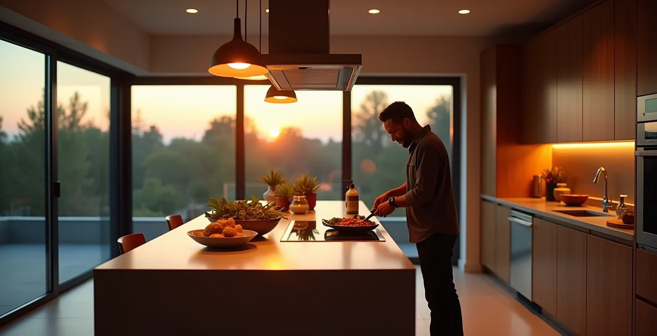 Cuisine ouverte moderne avec îlot central montrant la multiplication des besoins électriques