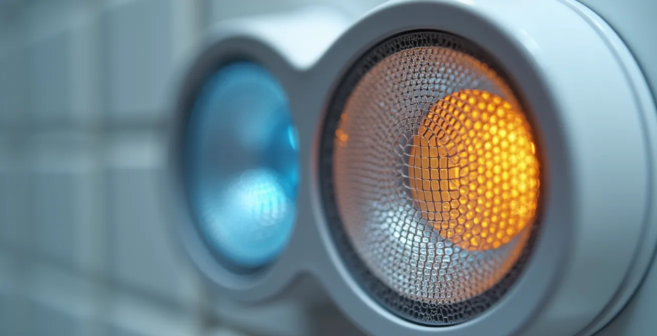 Vue macro d'un détecteur bi-technologie montrant les deux capteurs PIR et micro-ondes