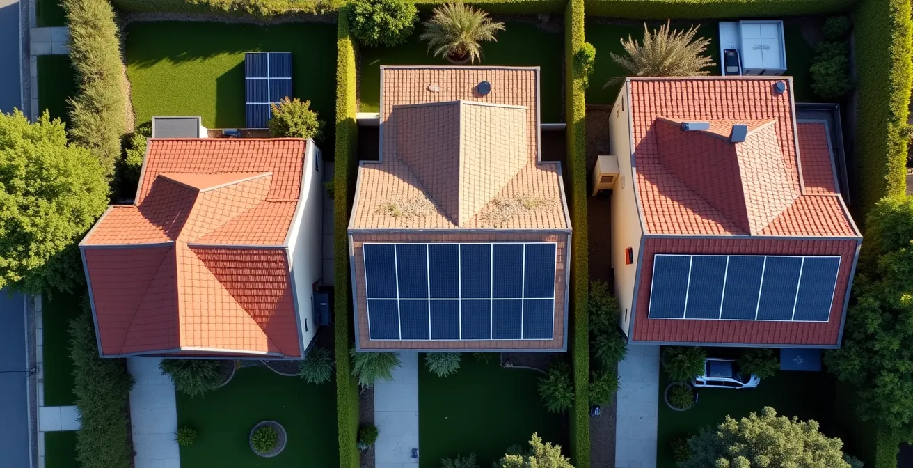 Vue aérienne montrant l'évolution d'une installation solaire de 2 panneaux à un système complet sur 5 ans