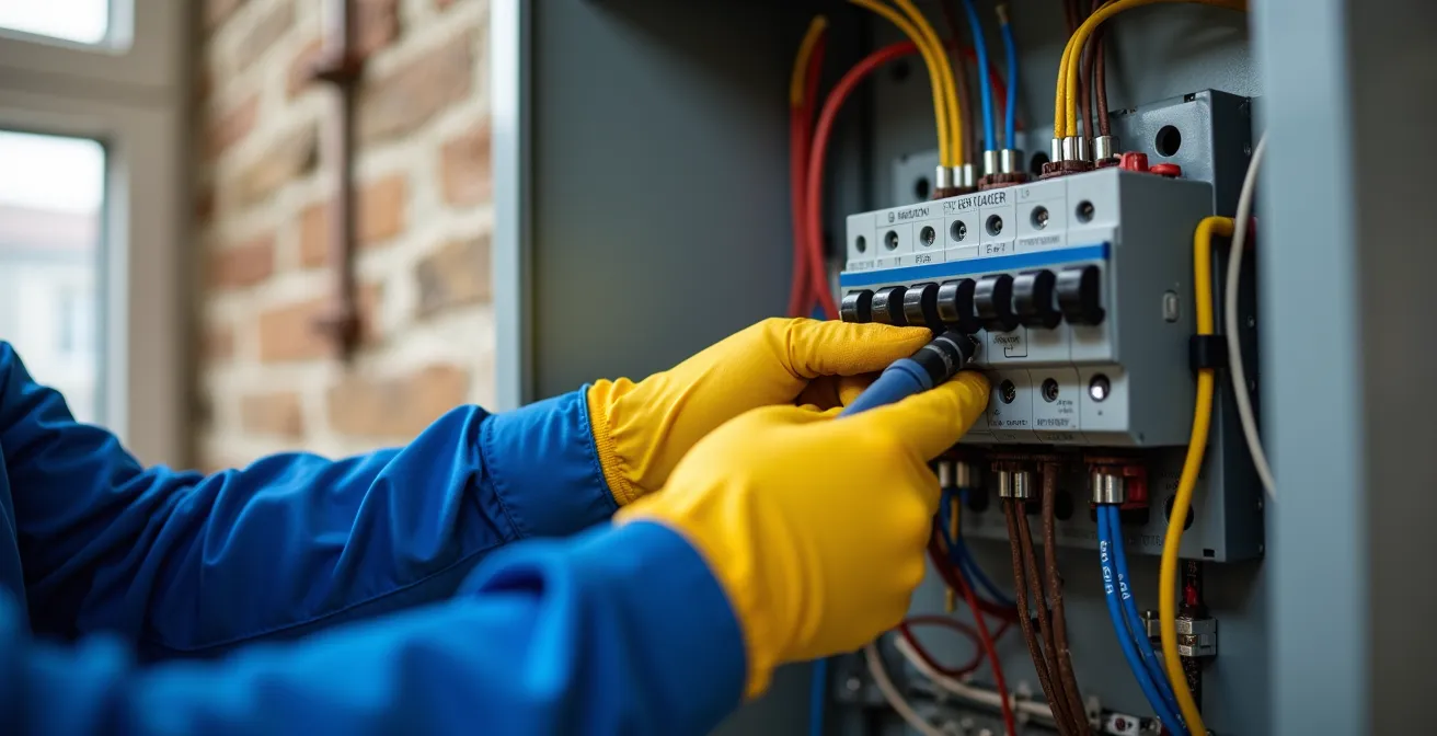 Électricien professionnel installant un délesteur dans un tableau électrique conforme NF C 15-100