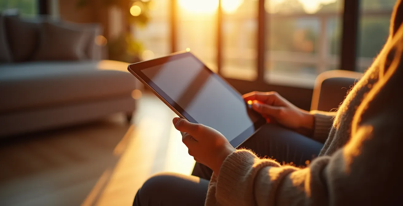 Personne utilisant une tablette pour contrôler l'éclairage de toute la maison depuis un point central