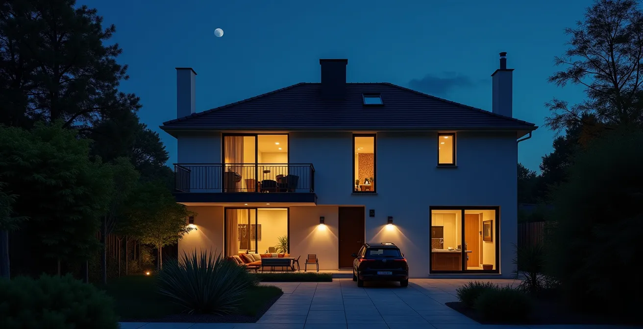 Maison avec éclairage automatique simulant une présence la nuit pour dissuader les cambrioleurs.