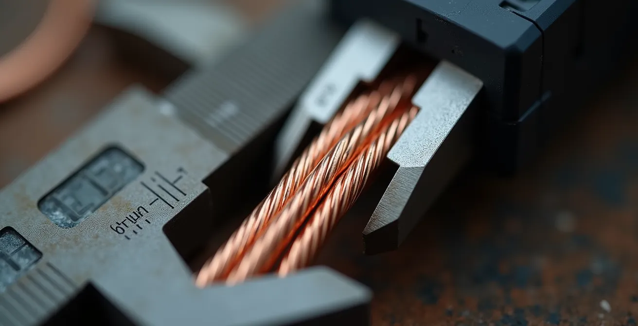 Gros plan sur la mesure d'un câble électrique avec un pied à coulisse numérique