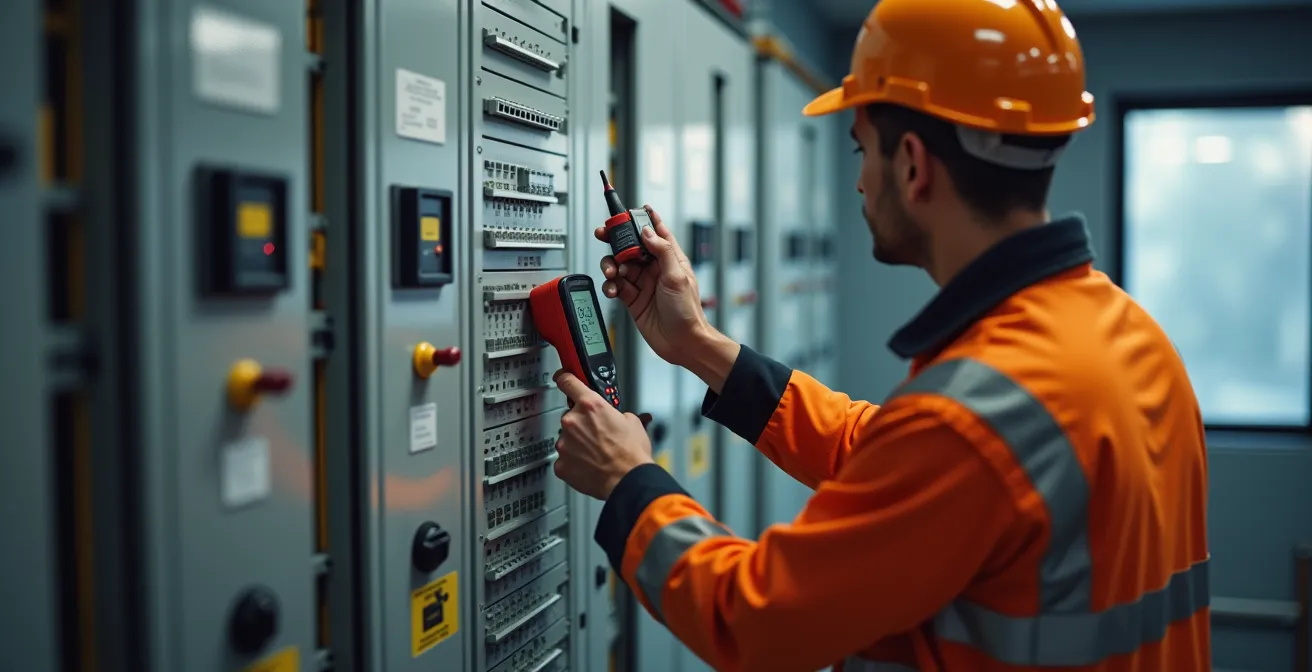 Électricien professionnel vérifiant un tableau électrique avec des outils de mesure